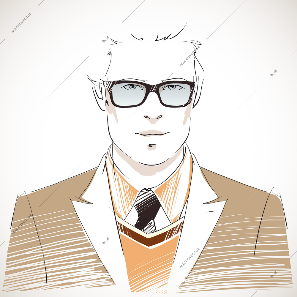 Handsome young businessman portrait wearing glasses, vest, jacket and black tie isolated vector illustration