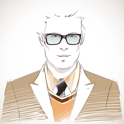 Handsome young businessman portrait wearing glasses, vest, jacket and black tie isolated vector illustration