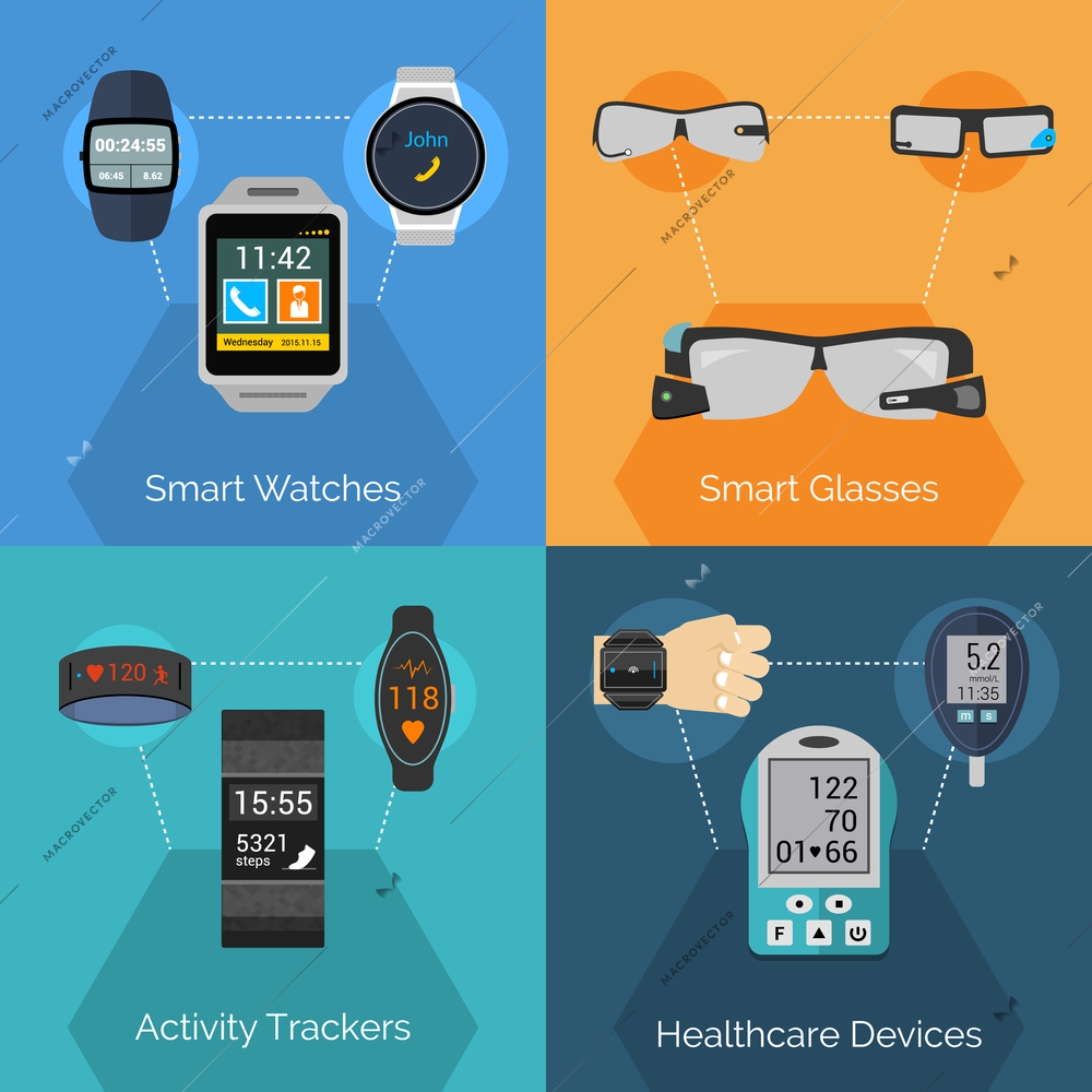 Wearable technology design concept set with smart watches glasses activity trackers flat icons isolated vector illustration