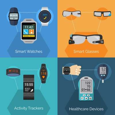 Wearable technology design concept set with smart watches glasses activity trackers flat icons isolated vector illustration