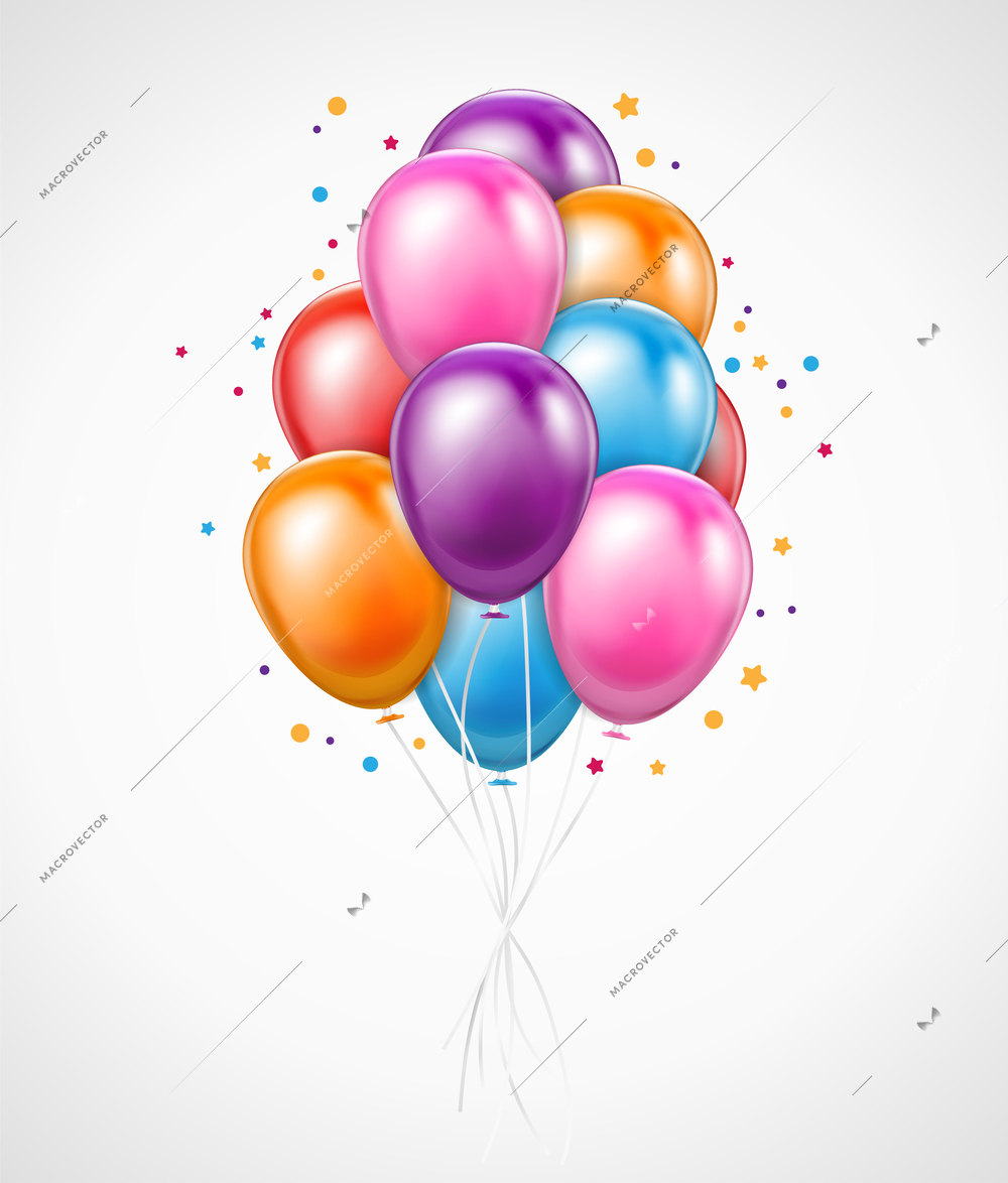 Colorful bunch of flying birthday balloons for parties and celebrations realistic background vector illustration