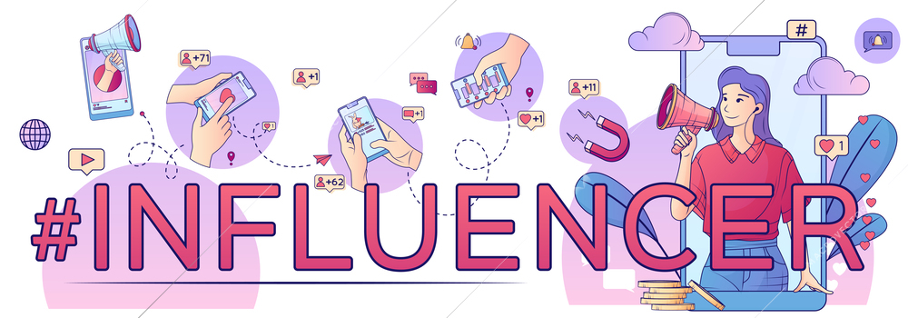 Influencer marketing composition with flat text and social media magnet icons with cartoon woman in smartphone vector illustration