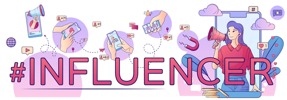 Influencer marketing composition with flat text and social media magnet icons with cartoon woman in smartphone vector illustration