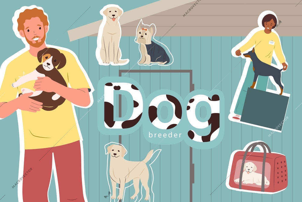 Dog breeder business collage with flat icons of animals with their human masters and pet carriers vector illustration