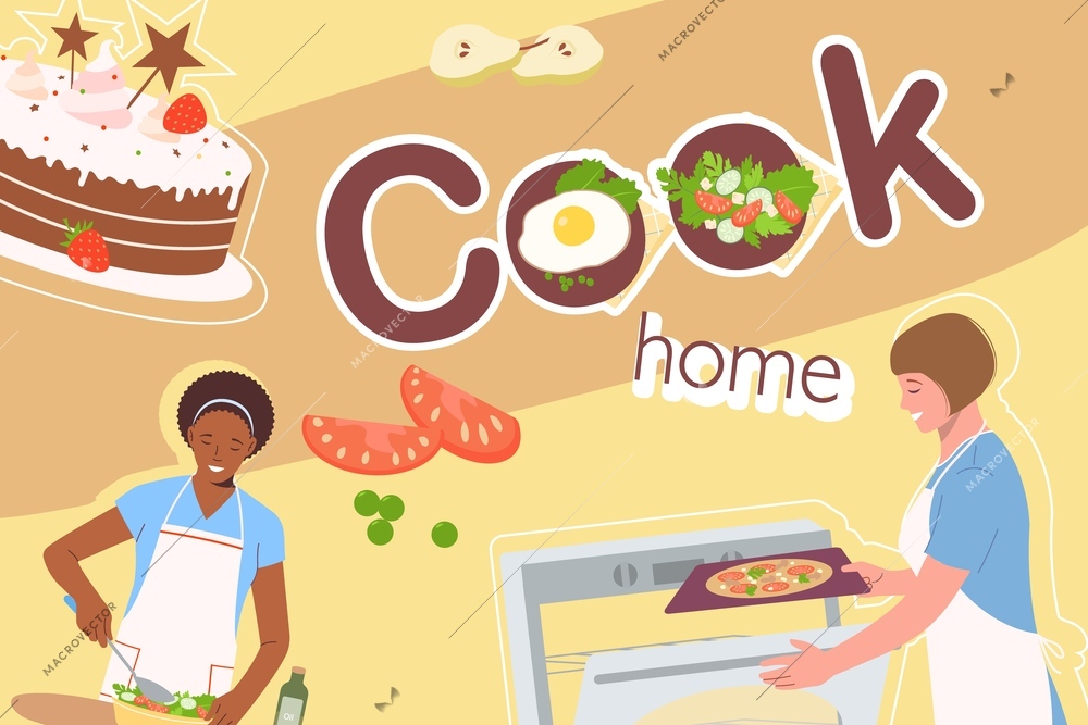 Cook home composition with collage of flat food icons with female characters cutting and frying meals vector illustration