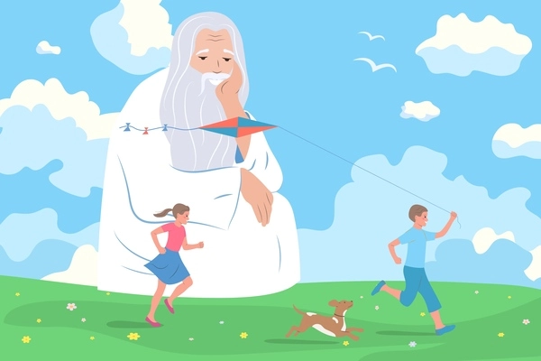 God father flat composition with outdoor scenery running kids dog kite and wise man in heaven vector illustration