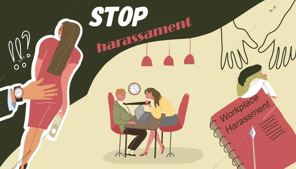 Harassment work composition with collage of flat images with male hand mauling woman and editable text vector illustration