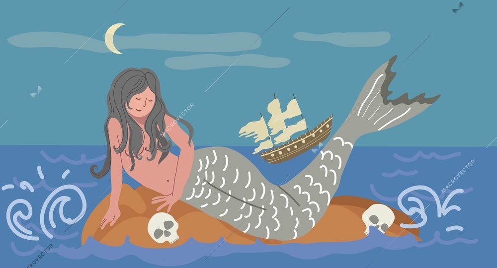 Mythical creatures flat composition with open sea landscape and lying mermaid with sinking ship and skulls vector illustration