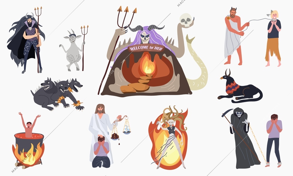 Hell underworld flat set of isolated icons with cartoon style devils holding tridents with burning fire vector illustration
