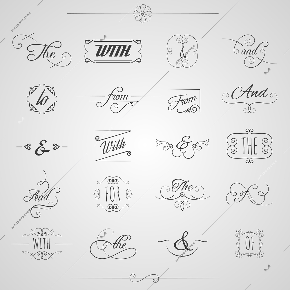 Catchwords and ampersand decorative set with floral elements and swirls isolated vector illustration