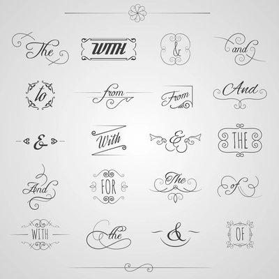 Catchwords and ampersand decorative set with floral elements and swirls isolated vector illustration