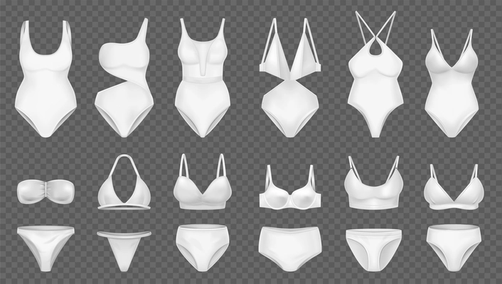Realistic female swimsuit set with isolated icons of white textile bra and pants on transparent background vector illustration