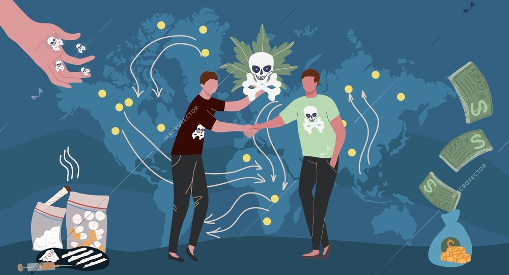 Drug sale flat composition with doodle people shaking hands in front of world map with arrows vector illustration