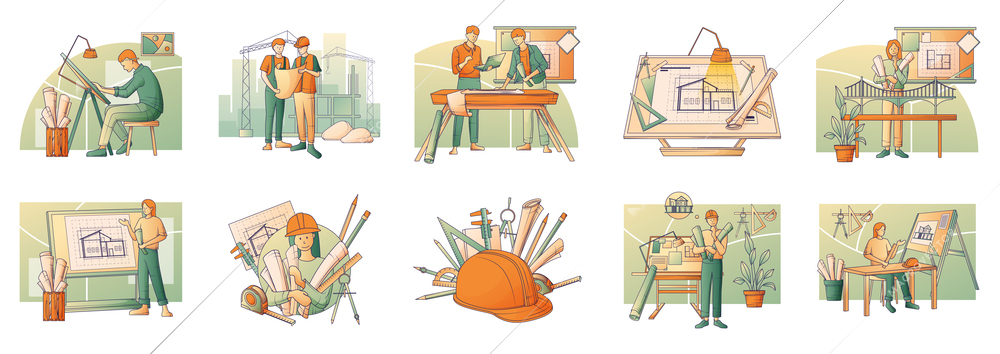 Architects and construction engineers flat set with architectural projects tools and working professionals isolated vector illustration