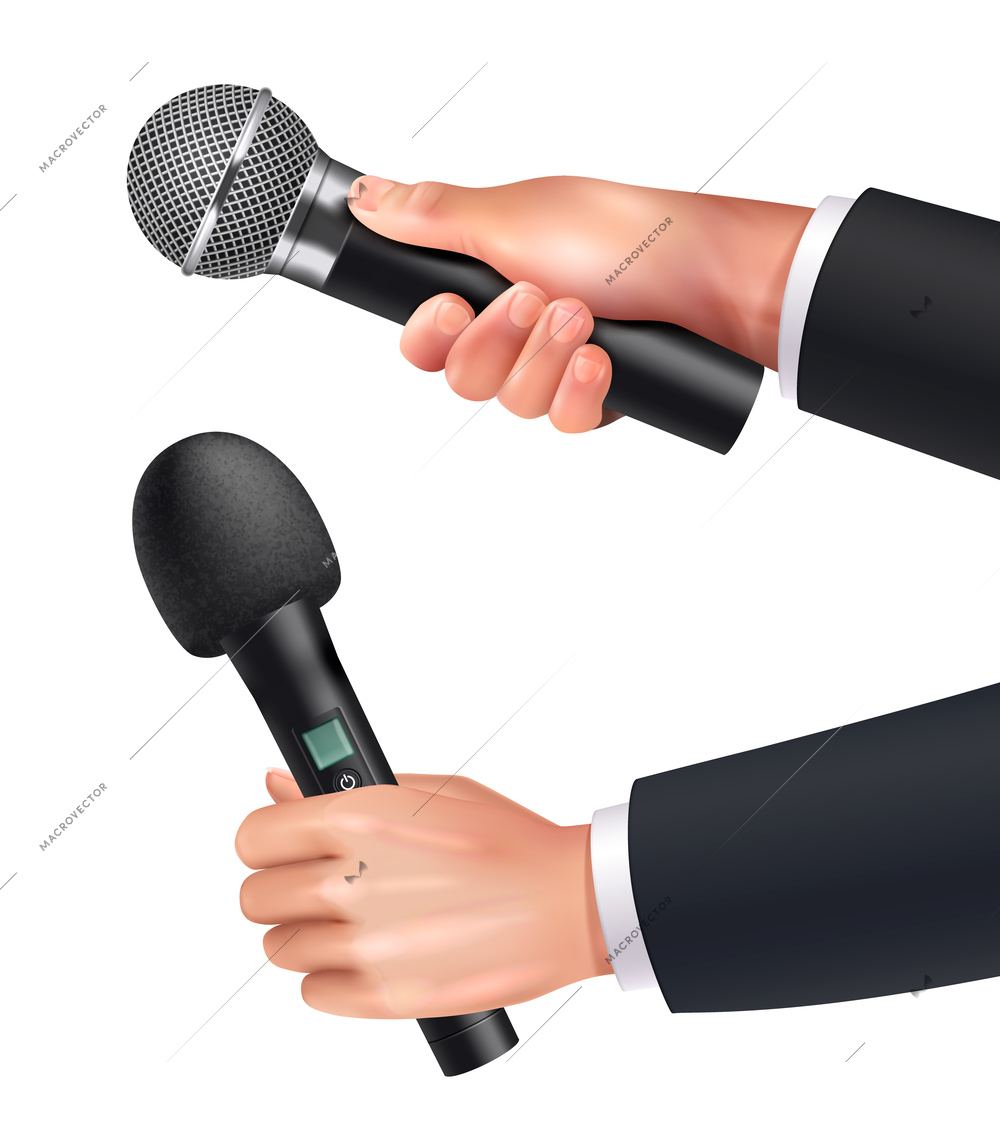 Microphone realistic set with journalist hands holding audio equipment vector illustration
