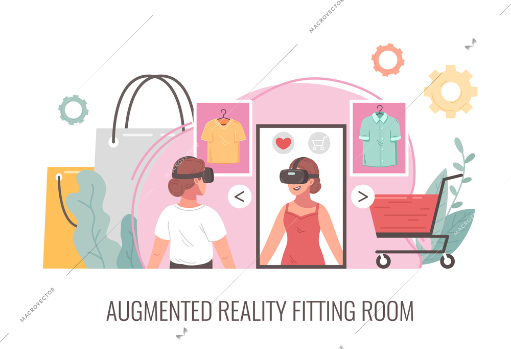 Virtual reality fitting room cartoon concept with woman choosing clothes in cyberspace vector illustration