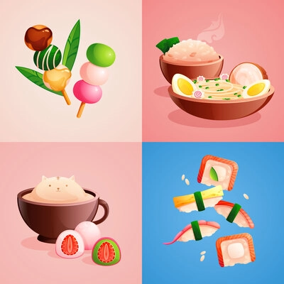 Asian food popular cute dishes flat 2x2 set isolated on color background vector illustration