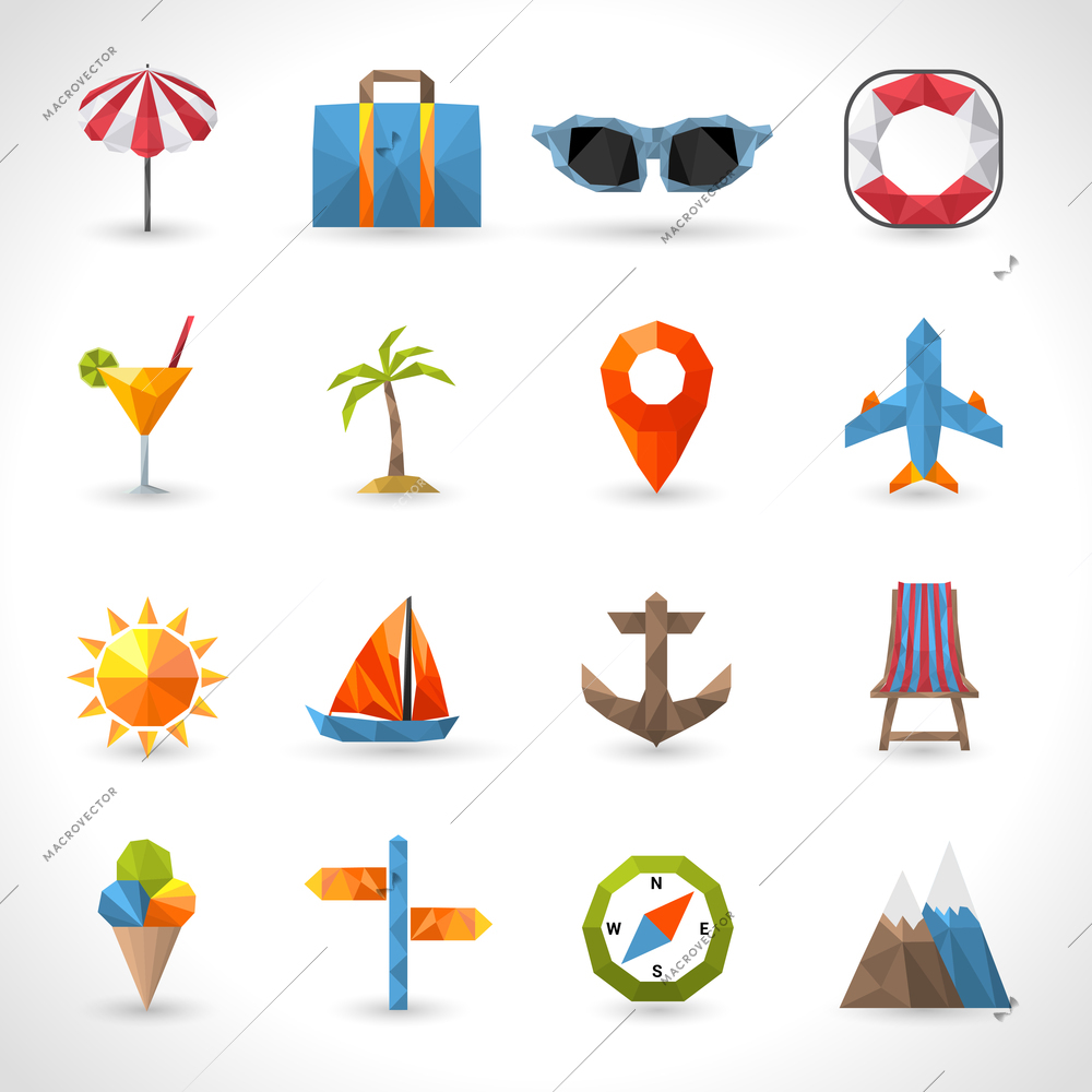 Travel polygonal icons set with umbrella suitcase glasses lifebelt isolated vector illustration