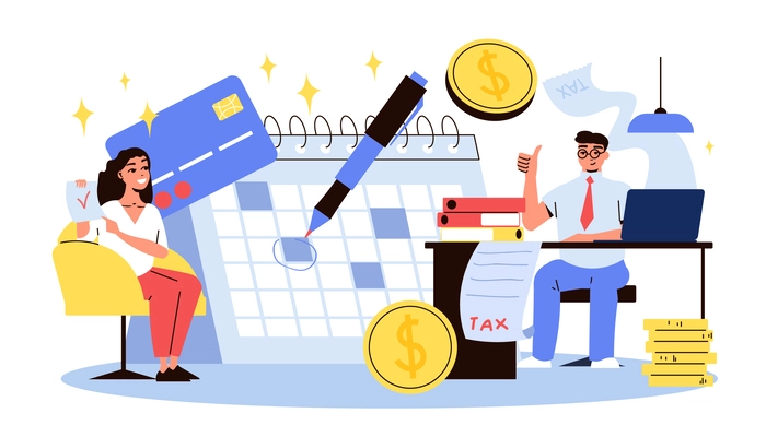 Tax day form composition with tabletop calendar pen marks coins credit card and characters of people vector illustration