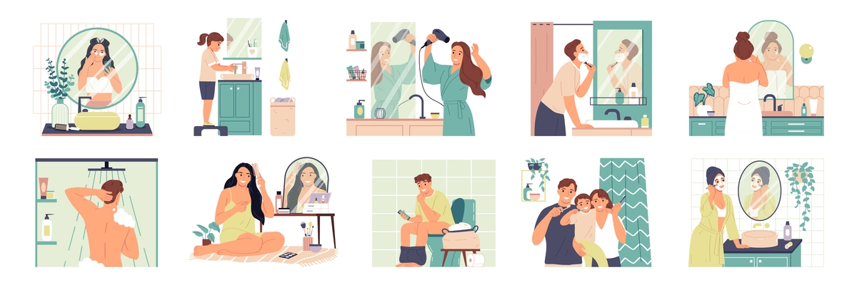 Daily hygiene routine flat icons set with people taking bath and brushing teeth isolated vector illustration