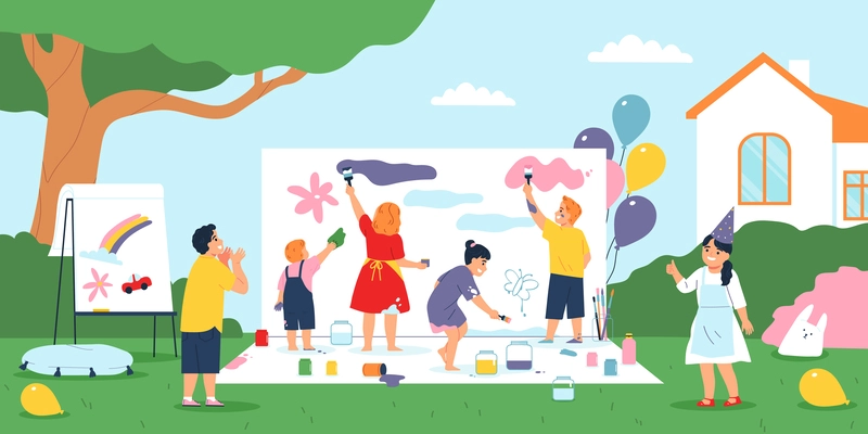 Children party flat concept with kids painting together outdoors vector illustration