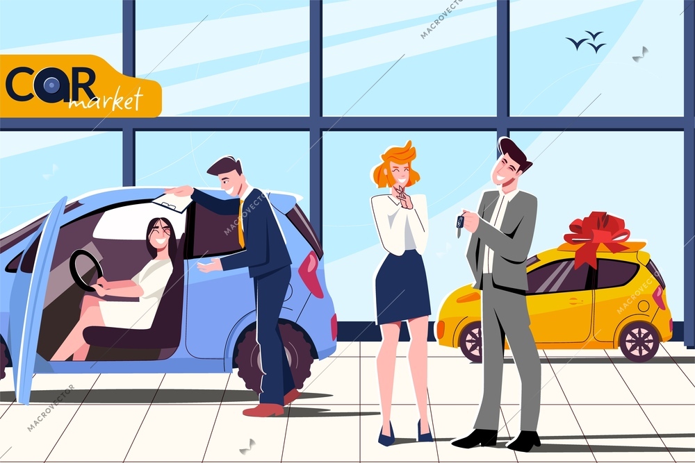 Car dealers showing automobiles to customer and giving keys to happy owner in showroom flat vector illustration