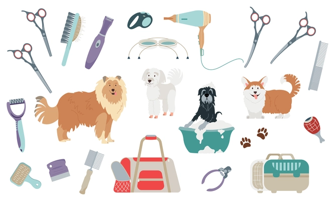 Dog grooming set with style symbols flat isolated vector illustration