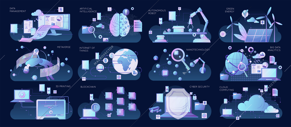 Flat smart industry 4.0 set on dark background with iot nanotechnology cyber security metaverse green energy isolated vector illustration