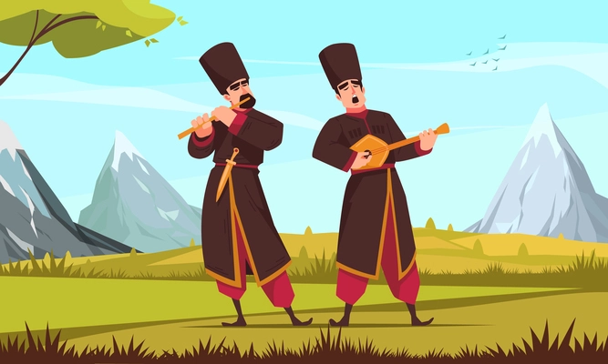 Folklore music concept two men in national costumes and hats play music vector illustration