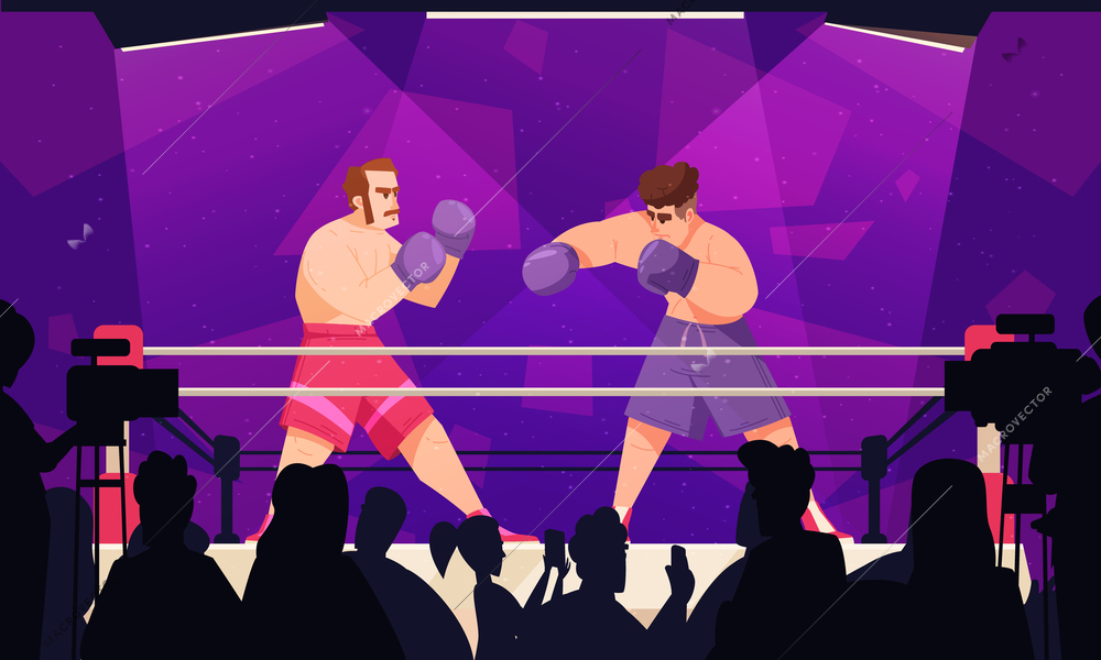 Boxing flat composition two boxers fighting in the ring against a purple background vector illustration