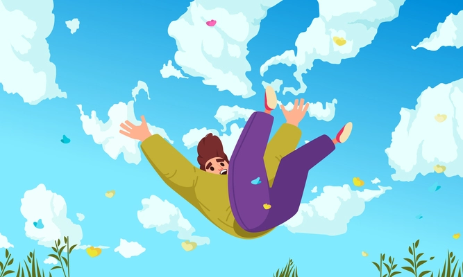 Falling people concept young guy falling down against the sky and clouds vector illustration