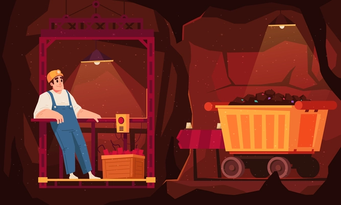 Flat mining composition the worker stands in an elevator in a mine next to the cart filled with mined minerals vector illustration