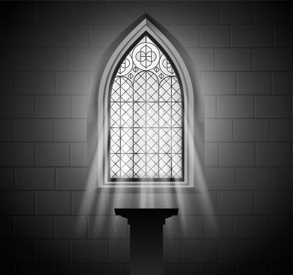 Stained glass mosaic church temple cathedral windows light composition with monochrome view of ornate light rays vector illustration