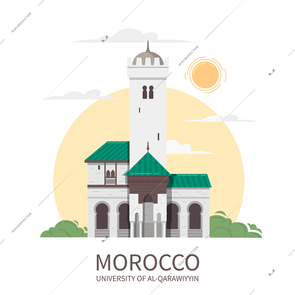 Morocco touristic travel flat composition of editable text and image of ancient building on sky background vector illustration