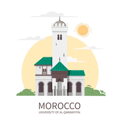 Morocco touristic travel flat composition of editable text and image of ancient building on sky background vector illustration