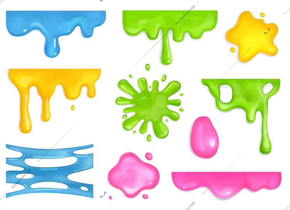 Realistic colorful slime icons set with different shapes of liquid isolated vector illustration