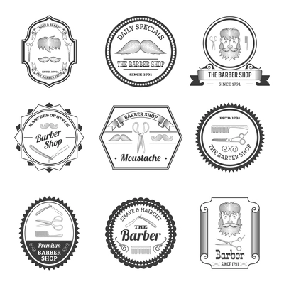 Barber shop hair and beard trim business black emblems set isolated vector illustration