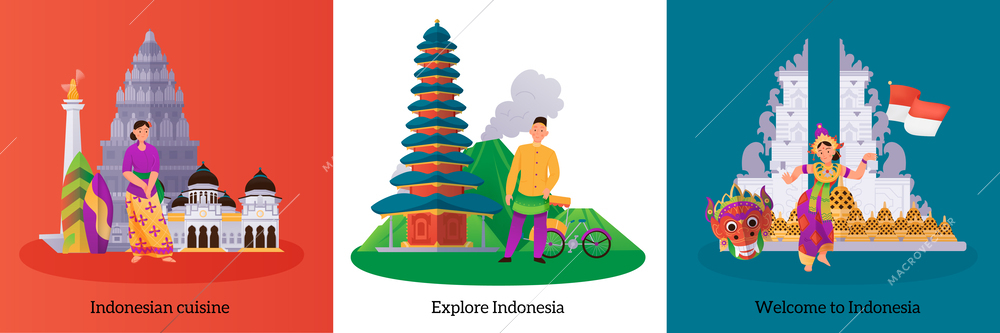 Indonesia travel flat concept set with historical landmarks and cultural symbols isolated vector illustration