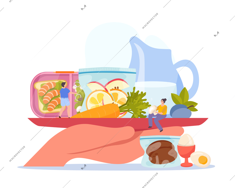 Food containers and zero waste storage composition with human hand holding tray with packed fresh meals vector illustration