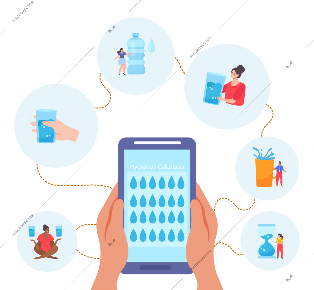 Water balance flat background with hands holding smartphone surrounded by round compositions with doodle human characters vector illustration
