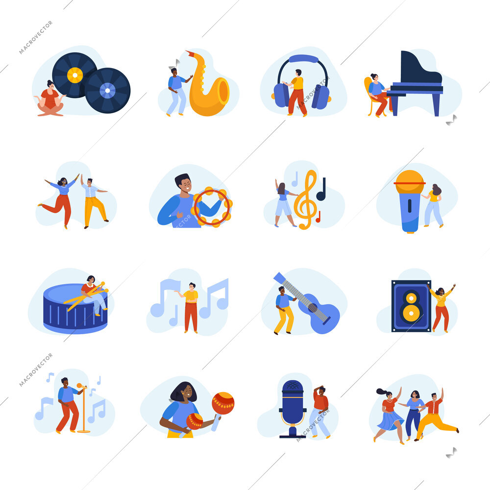 Music school set of flat isolated icons with people musical instruments notes and professional recording equipment vector illustration