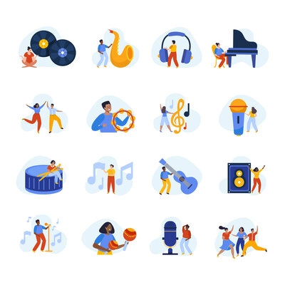 Music school set of flat isolated icons with people musical instruments notes and professional recording equipment vector illustration