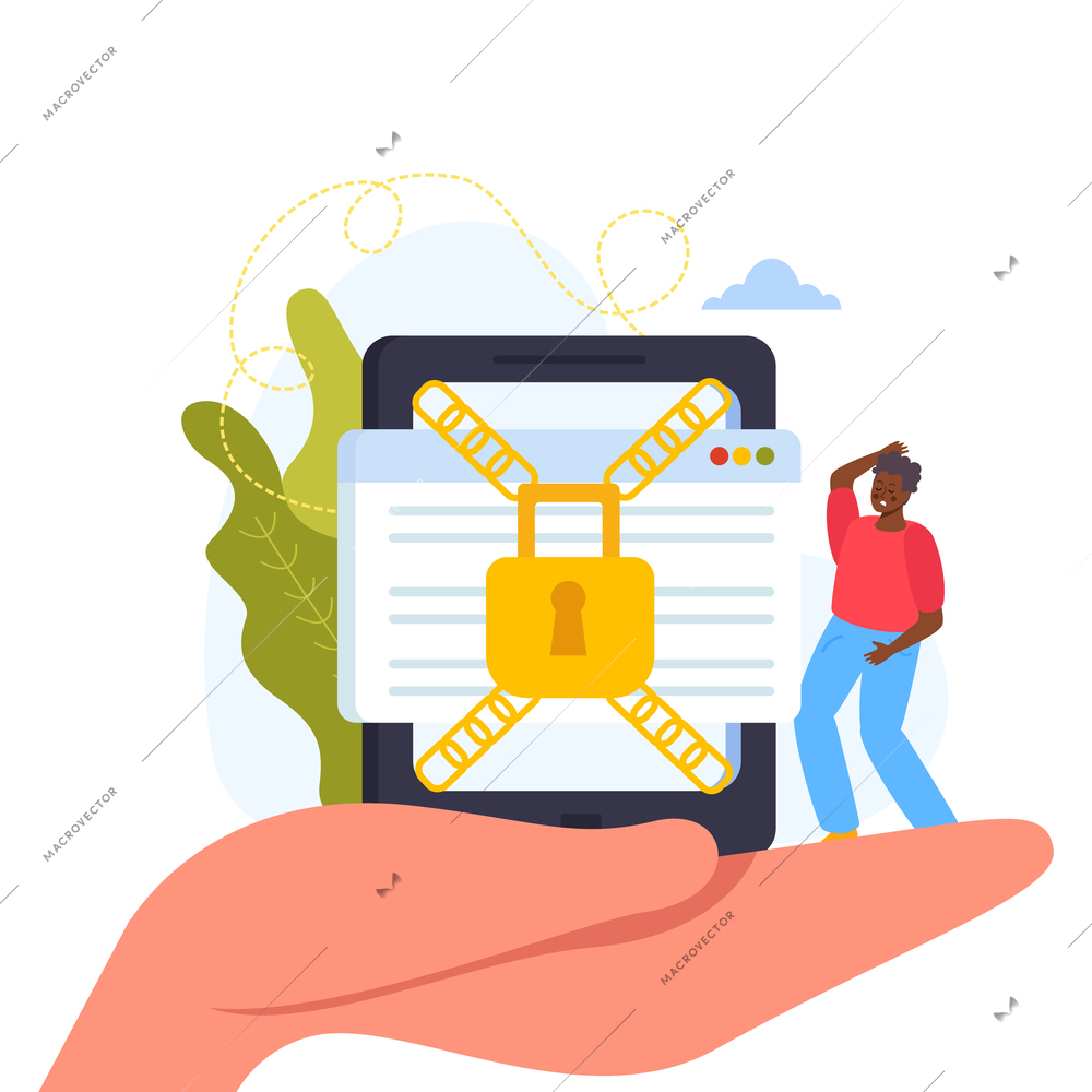 Smartphone data protection flat background composition of human hand holding tablet window with chains and lock vector illustration