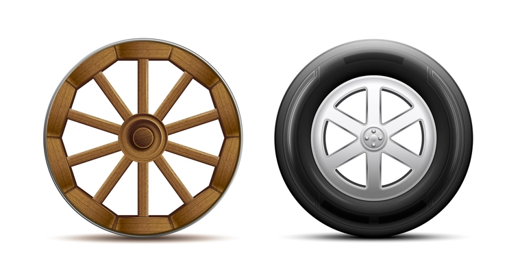 Wheel evolution comparative  design concept with wooden cart wheel and modern car wheel with rubber tire realistic vector illustration