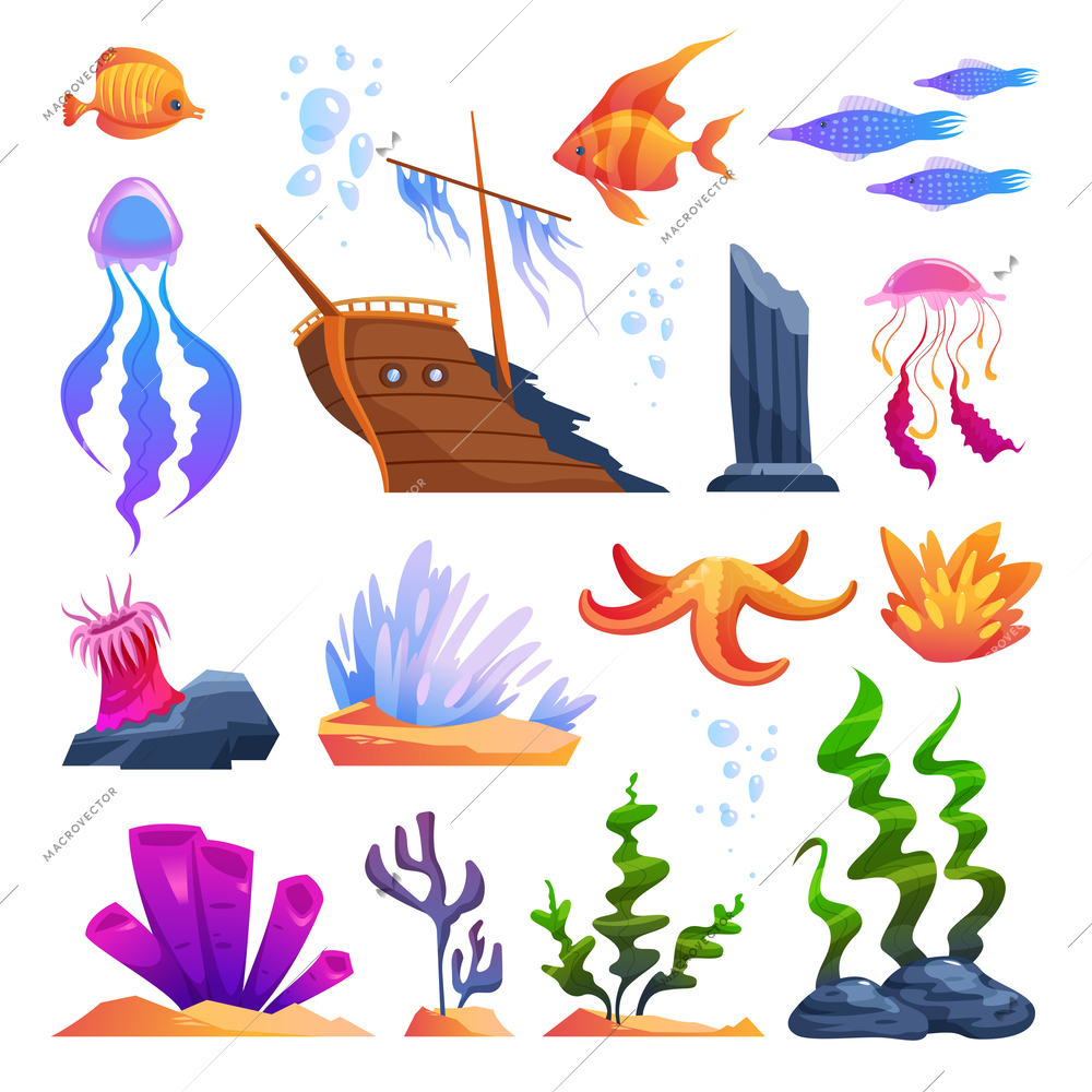 Underwater cartoon color set of flora and fauna items reefs wreckage of sunken ship isolated vector illustration