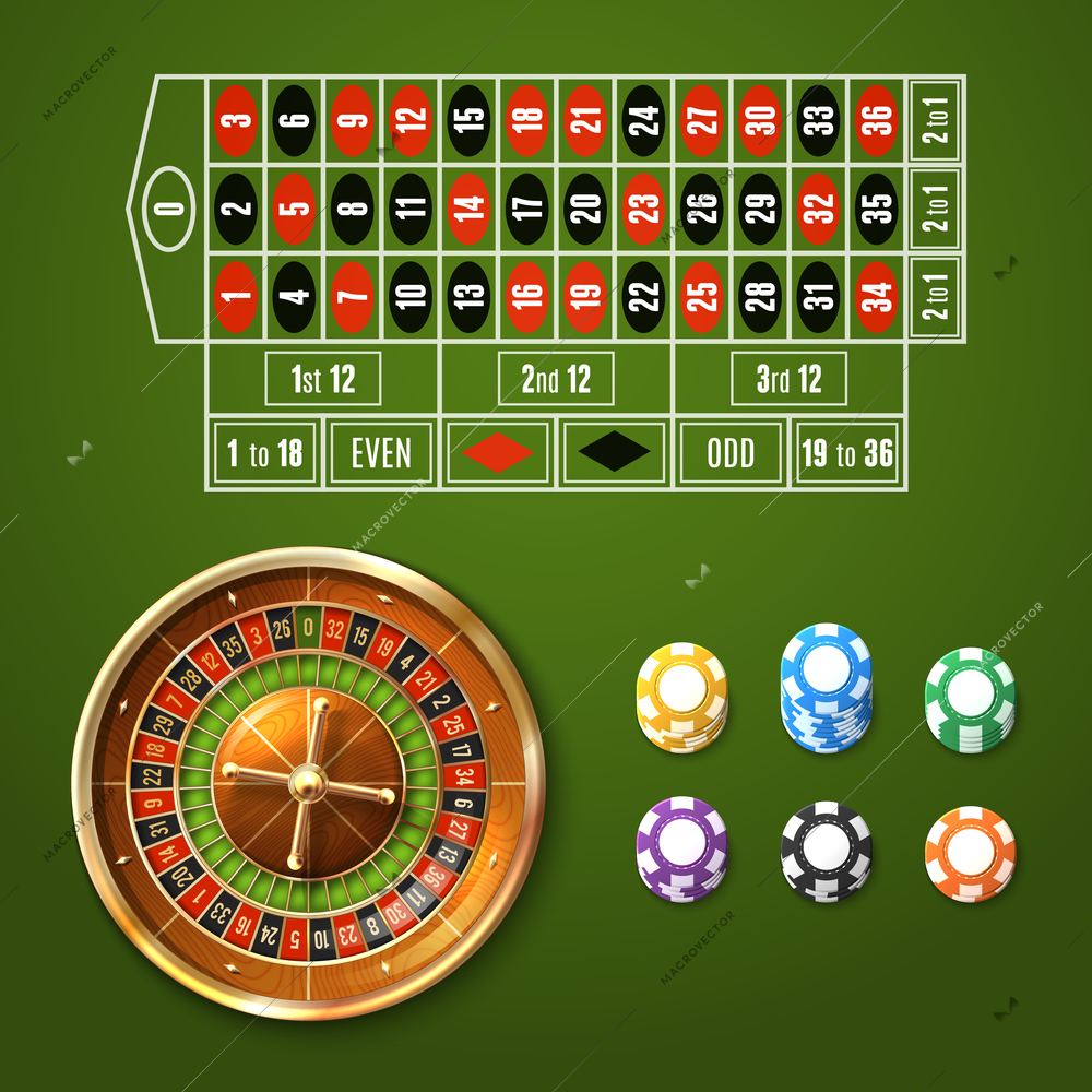 Casino gambling set with european roulette wheel and chips stacks isolated vector illustration