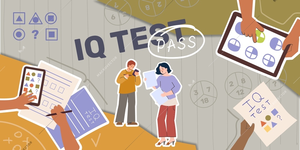 Iq test composition with collage of flat icons with people solving tasks with hands and papers vector illustration