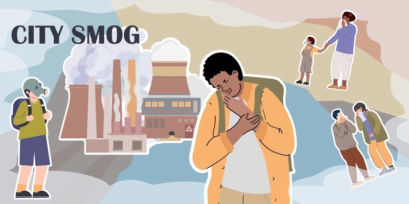 City smog composition with collage of flat icons characters of coughing people with factory and fog vector illustration