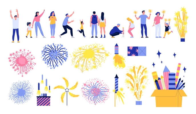 Firework flat icons set with happy people celebrating isolated vector illustration