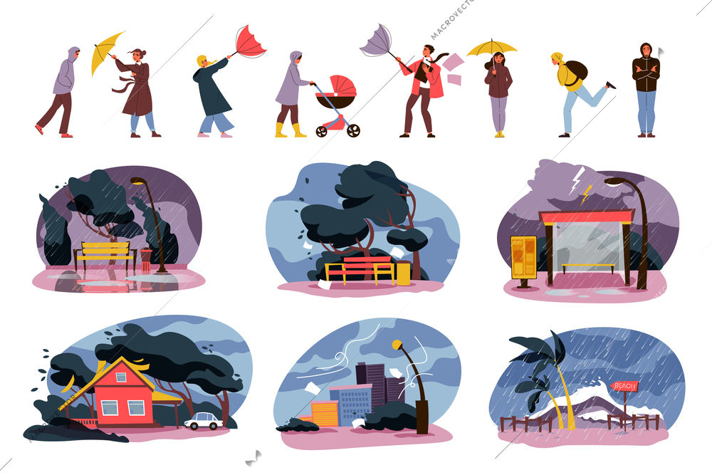 Rain storm flat icons set with people rescue from bad weather isolated vector illustration